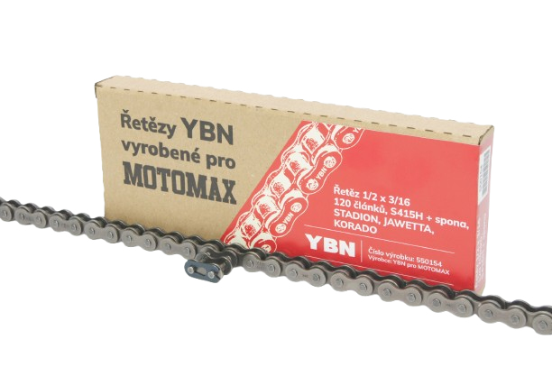 Podvozek tlumiče - Řetěz 1/2x3/16 - 120 článků, YBN-MOTOMAX S415H + spona pro Jawa STADION, JAWETTA,Manet KORADO