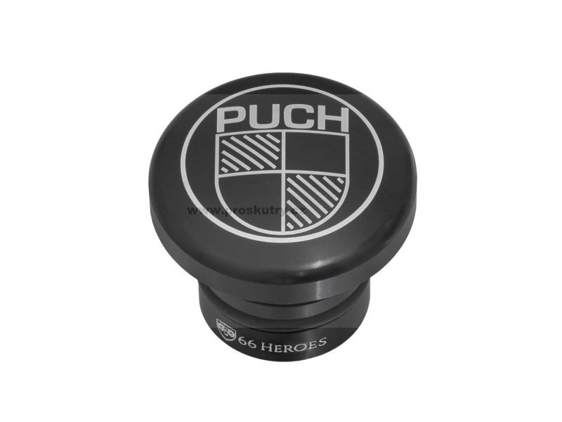 Podvozek tlumiče - Víčko palivové nádrže 66Heroes s logem Puch, kulaté, černé, pro Puch Maxi (349.1.22.020.1 / 349.1.22.020.3)