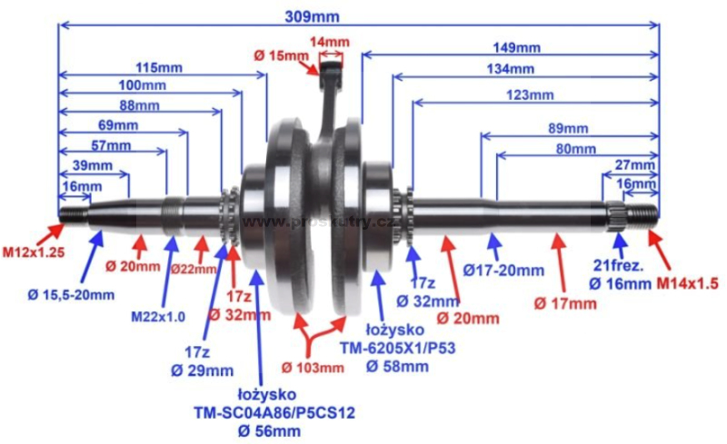 Motor - Klikový hřídel 17mm pro Čínské skútry Prodigy, Jonway, Fly Candeza GY6 125/150 ccm GY6-B(GY7) BN157QMJ ME022000-0450