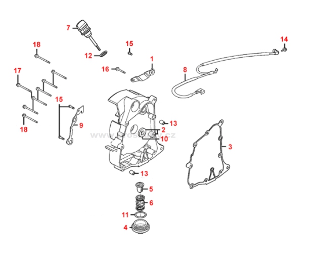 Originální díly (rozkres) - Kryt klikové skříně (karter) E04 pravý