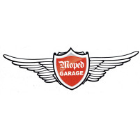 Samolepka s logem mopedové garáže 20x6cm, odolná proti povětrnostním vlivům